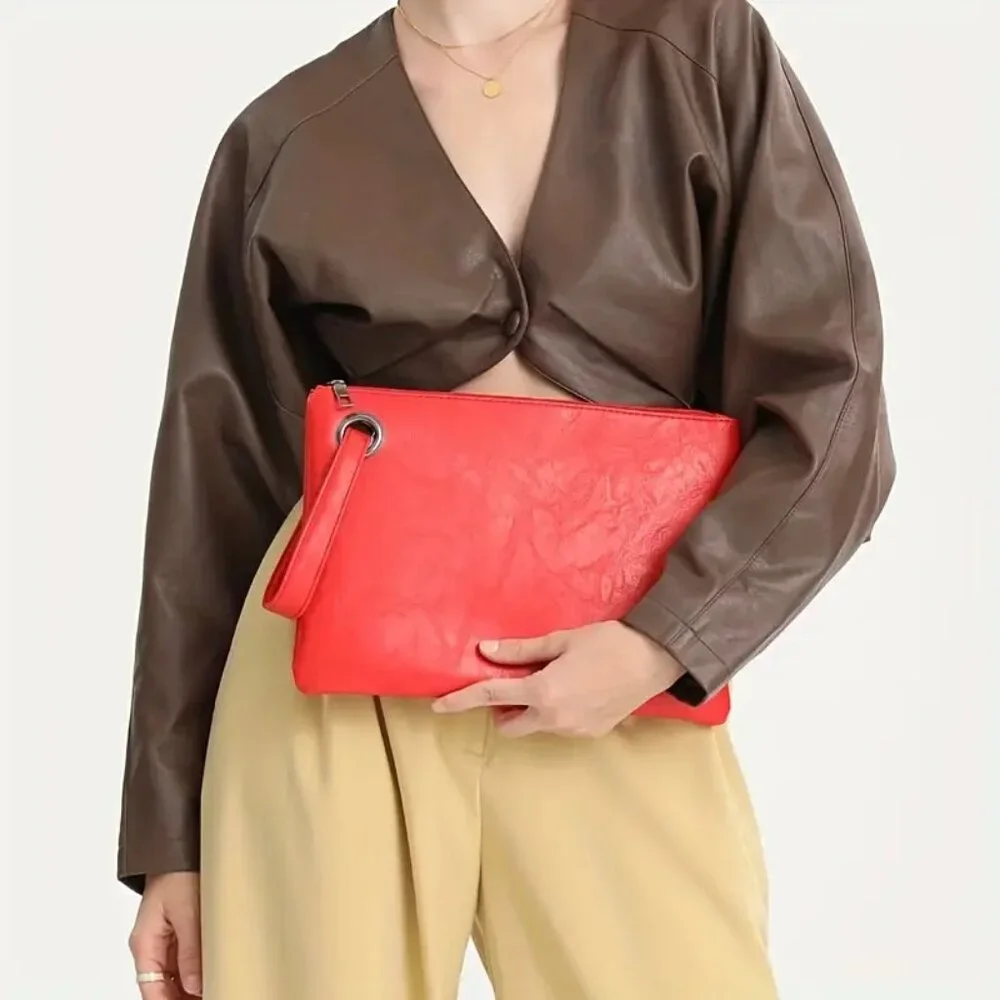 Large Envelope Clutch Bag Wristlet Chic & Elegant RED PU Leather - Picture 1 of 7
